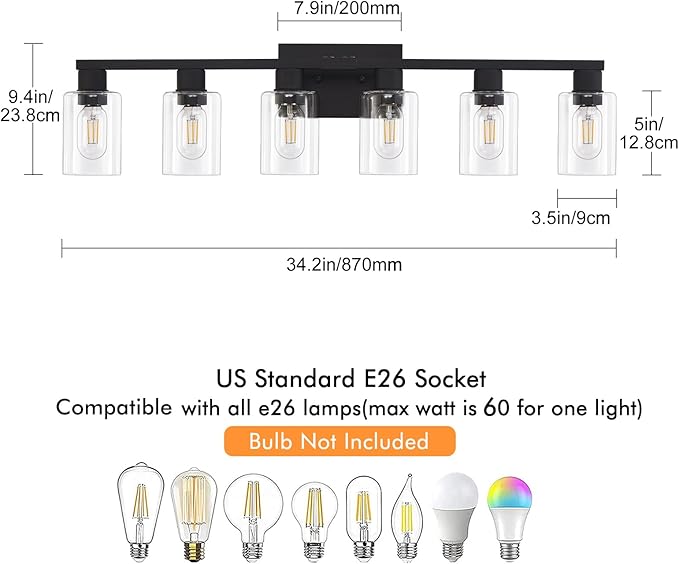Black Bathroom Light Fixtures, 6-Light Bathroom Lighting Fixtures Over Mirror with Clear Glass Shade, Matte Black Vanity Lights, 6 Light Count Large Vanity Light Fixture for Bath, Mirror,Wall Sconce