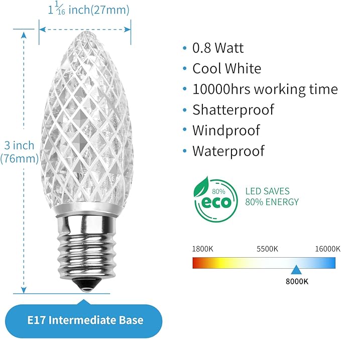 Meconard C9 Led Replacement Christmas Light Bulbs, C9 Shatterproof Led Bulbs for Christmas Indoor Outdoor String Lights, E17 Intermediate Base, Commercial Grade Holiday Bulbs, Cool White, 50Pack