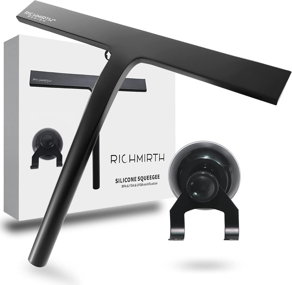 Shower Squeegee for Glass Doors 10" - All Purpose Squeegee for Window Bathroom Glass Mirror Bathroom Tile with Suction Cup Hooks - Black