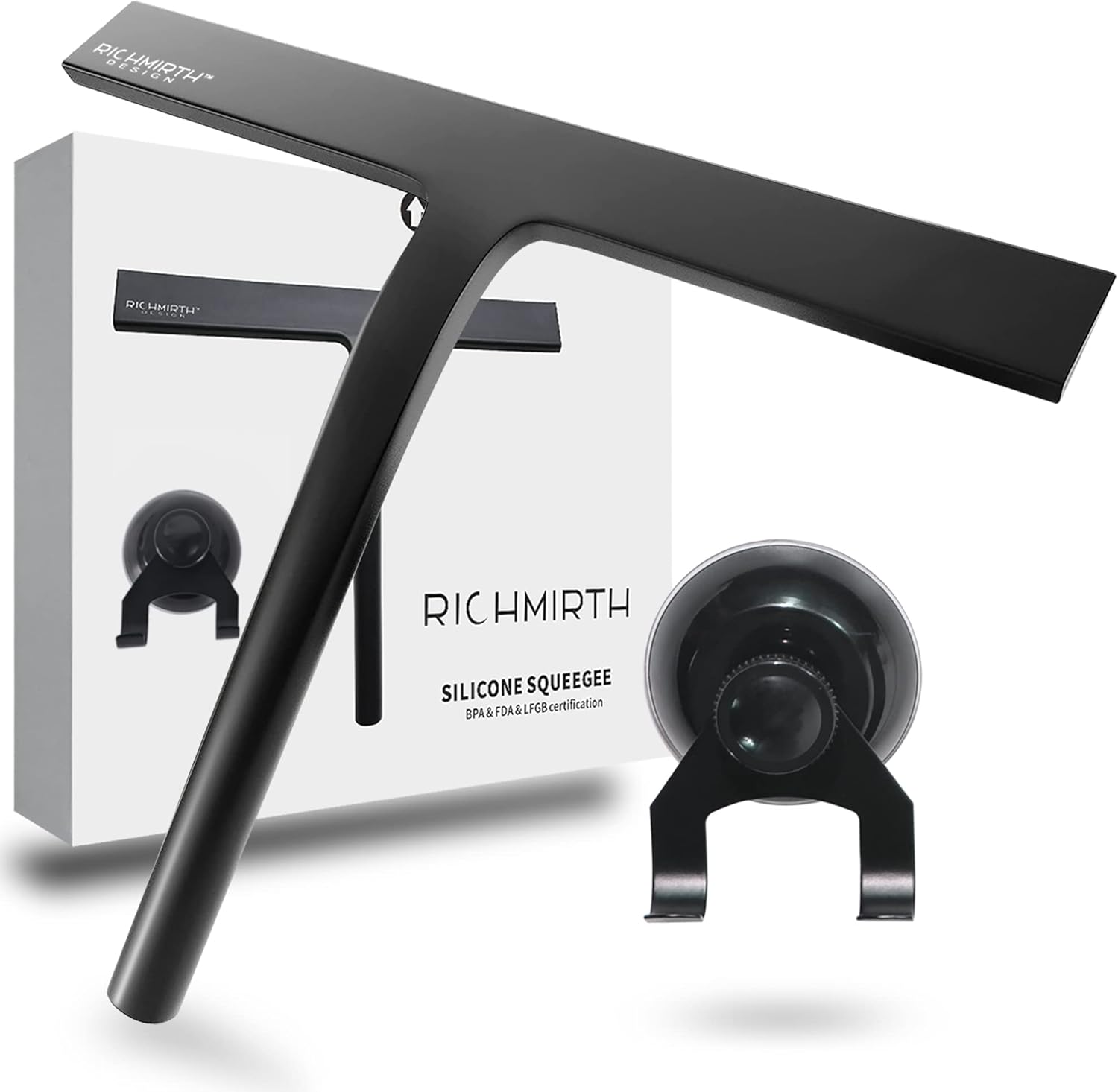 Shower Squeegee for Glass Doors 10" - All Purpose Squeegee for Window Bathroom Glass Mirror Bathroom Tile with Suction Cup Hooks - Black