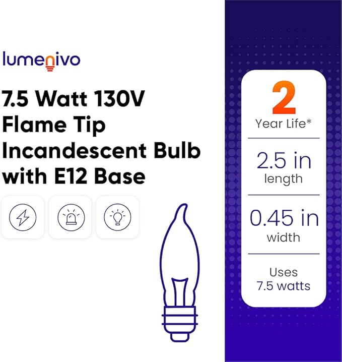 lumenivo 7.5 Watt Light Bulbs 120V/130V Bent Tip Candelabra, Flame Tip Chandelier Bulbs, Flame Shaped Light Bulbs Standard Base – Replacement Christmas Candle Tip Incandescent E12 Bulbs – 4 Pack