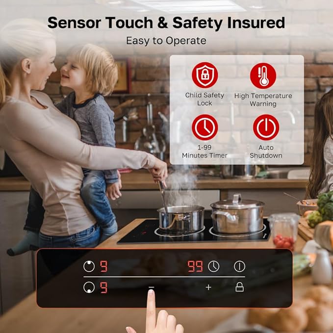 ThermoMate 2 Burners Electric Cooktop, 12 Inch Built in Electric Radiant Stove Top, 3200W Ceramic Glass Cooktop with Sensor Touch Control, 9 Heating Level, Chlid Lock & Timer, 220-240V Hard Wire