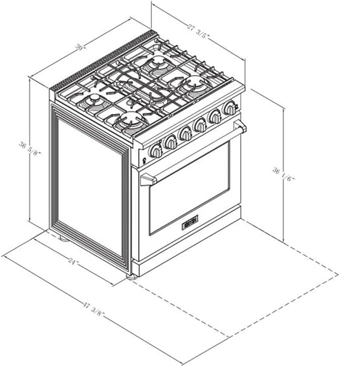 36 inch Professional Freestanding Pro-Style Natural Gas Range or Liquid Propane Gas Range with 6 Burners, 6.0 cu.ft. Oven Capacity, in Stainless Steel - KOS-36RG03M (White)