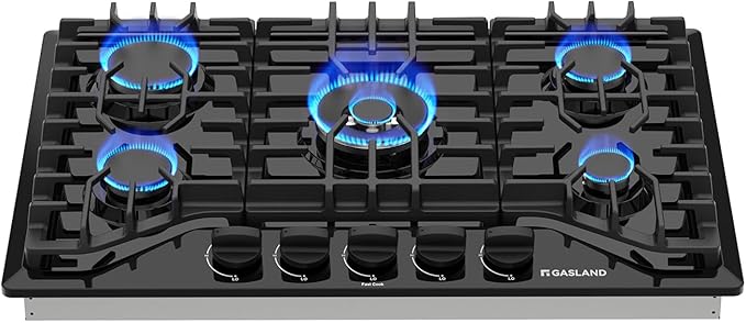 GASLAND 30 Inch Gas Cooktop Black, 5 Burner Propane Stove Top, Built-in NG/LPG Convertible Gas Cooktops, Plug-in with Thermocouple Protection, Black