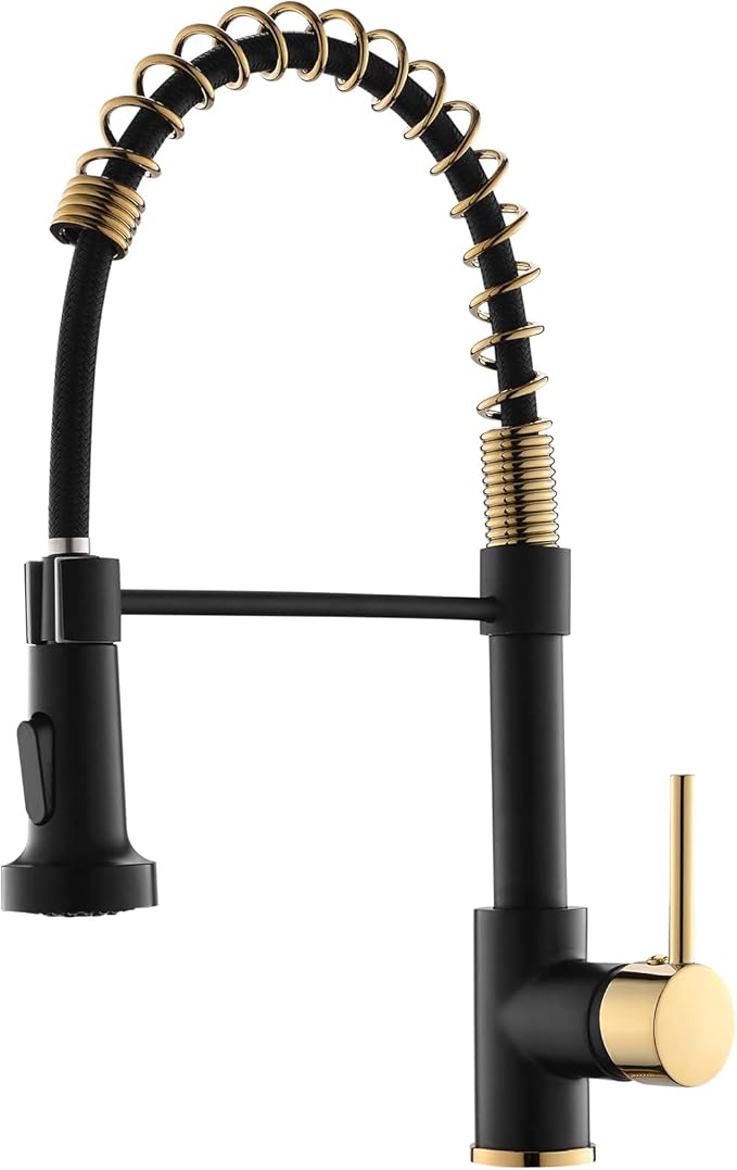 AIMADI Matte Black Kitchen Faucet,Black and Gold Kitchen Faucet with Pull Down Sprayer Commercial Single Handle Spring Sink Faucets Suitable for Farmhouses,Camper Laundry Rv Bar