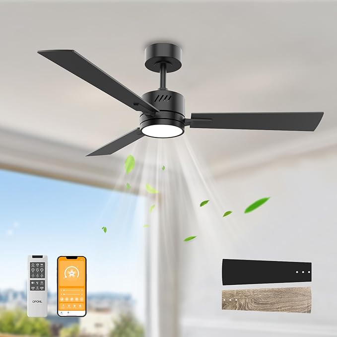 42" Black Ceiling Fan with Light, Remote Control, Downrod Mount, Noiseless, Reversible, 6CCT, Dimmable, 6 Speeds, Timeable, Ceiling Fan with Remote Control for Bedroom, indoor/outdoor