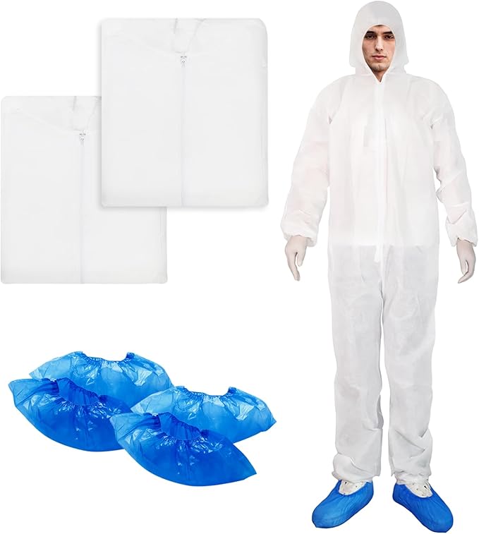 ETERNA Hazmat Suits- 2 Pack Disposable Protective Coveralls with Hood, Zipper, Elastic Wrists, Shoe Covers for Men & Women, Shield from Dirt, Dust, Paint (White, X-Large)
