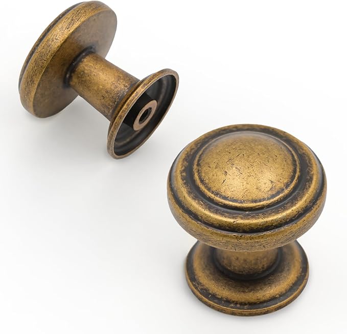 Amerdeco 10 Pack Antique Brass Cabinet Knobs Single Hole Cabinet Pulls 1 Inch Drawer Knobs for Bathroom Cabinets ZH0086