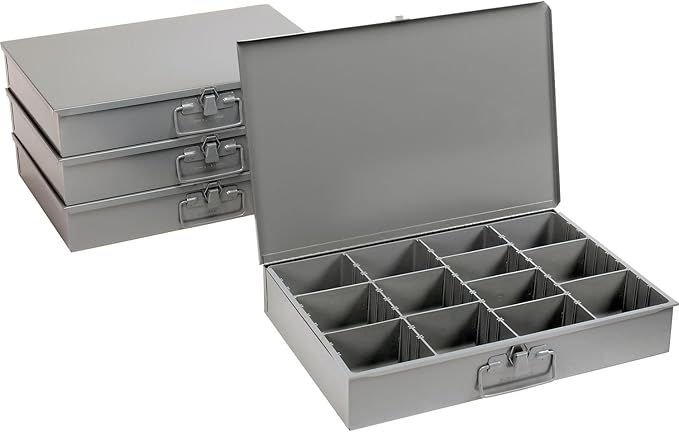 Global Industrial Durham Steel Compartment Box Rack with 4 Adjustable Divider Compartment Boxes, 20 x 15-3/4 x 15