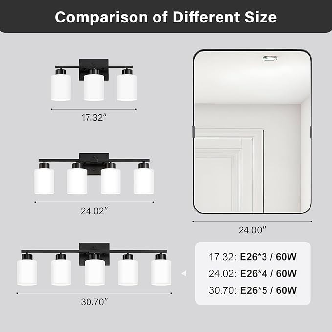 Black Bathroom Light Fixtures, 4-Light Modern Vanity Light Over Mirror, Wall Sconces with Milky White Frosted Glass Shades, E26 Socket (Bulbs Not Included)