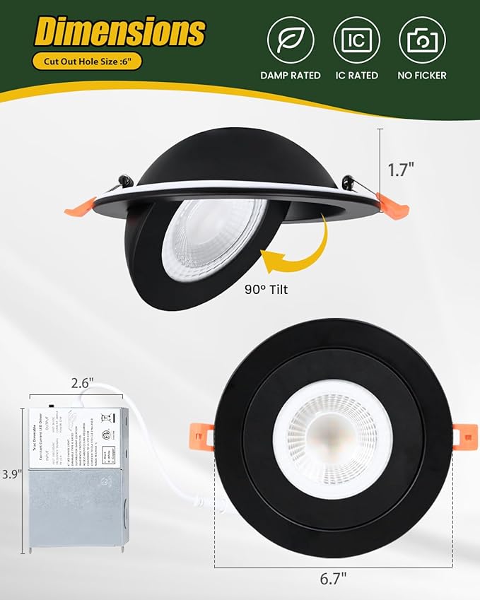 ZYC Gimbal LED Recessed Lighting - 6 Inch 5CCT 12W 360° Rotation Adjustable Eyeball Light,LED Swivel Spotlight,Directional Sloped Ceiling Light,Dimmable Canless Wafer Downlight Pack of 6 Black.