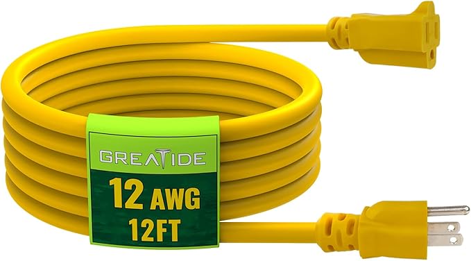 12 Ft Outdoor Extension Cord - 12/3 SJTW Heavy Duty Yellow Extension Cable with 3 Prong Grounded Plug - Power Cord for Lawn, Garden, Appliances