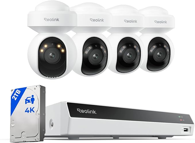 Reolink 4K Security Camera System with PT Auto-Tracking, 355°Pan 50°Tilt, 4K PoE Cameras Home Surveillance Wired Outdoor, Smart AI Detection, Spotlights & 2-Way Talk, 8CH NVR 2TB HDD, RLK8-800PT4