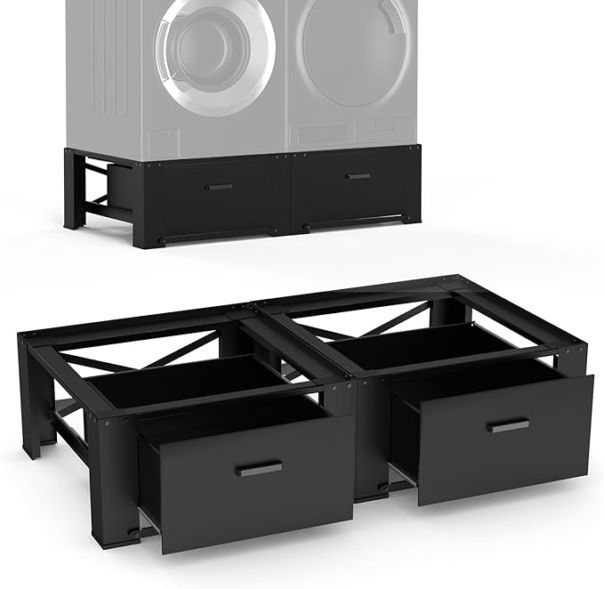 SKM 2 Pack Laundry Pedestals with Drawer - 28" Washer and Dryer Stand, Steel Washing Machine Raiser for Elevation, 14.3 Inches Height, Black