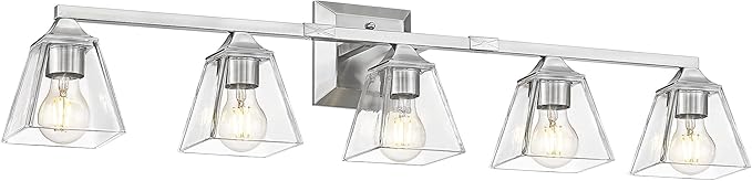 Bathroom Vanity Light 5-Light, HWH Bathroom Lighting Fixtures Over Mirror Brushed Nickel, Modern Vanity Wall Lamp with Square Bell Glass Shade, 5HY68B-5W BN