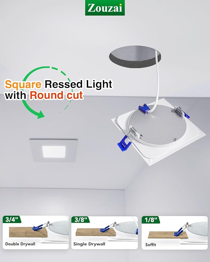 zouzai 4 Inch Square LED Recessed Light for Round Cut Outs,Ultra-Thin 5CCT Selectable & Dimmable Downlight with Junction Box, ETL & Energy Star Certified【12 Pack White】