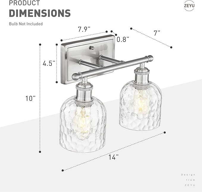 zeyu 14 Inch Modern Vanity Lighting Fixtures, 2 Light Bathroom Vanity Light for Mirror Bedroom, Brushed Nickel Finish with Clear Hammered Glass, ZJF63B-2W BN