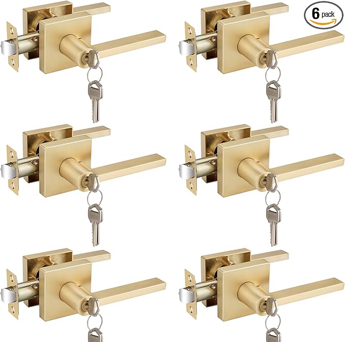 6 Pcs Door Knobs with Lock and Key, Entry Door Handles Satin Brass, Bedroom Bathroom Front Door Handle with Keys, Keyed Alike Door Levers for Interior Exterior Use, Square Modern Door Handles