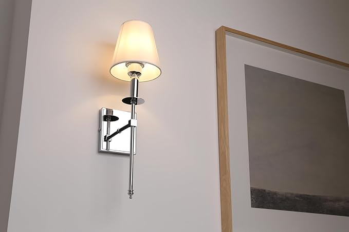 PERMO Single Classic Rustic Industrial Wall Sconce Lighting Fixture with Flared White Textile Lamp Shade and Chrome Tapered Column Stand