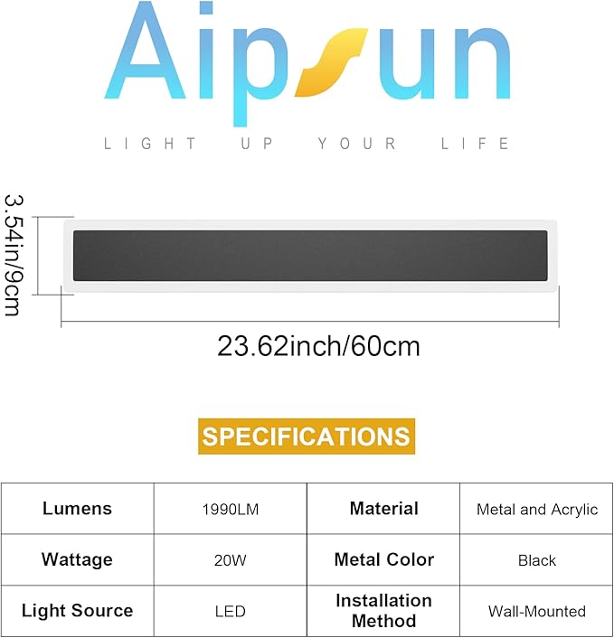 Aipsun LED Outdoor Wall Light Fixtures, Black Exterior Sconces 3000K,23.6inch Modern Porch Patio Wall Light Fixture for House Courtyard Balcony Porch(1 Pack)