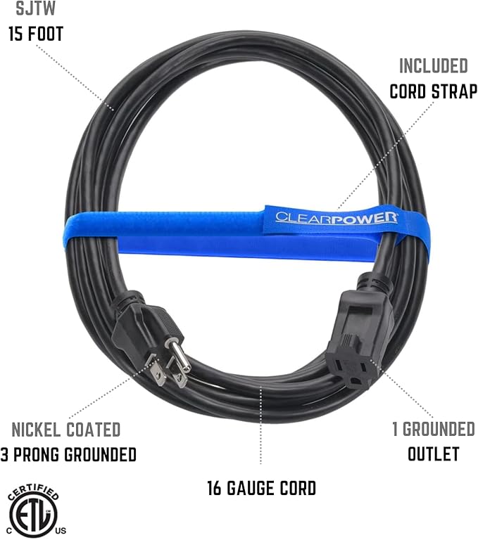Clear Power 15 ft Indoor/Outdoor Extension Cord 16/3 SJTW, Black, Water & Weather Resistant, Flame Retardant, 3 Prong Grounded Plug, CP10123
