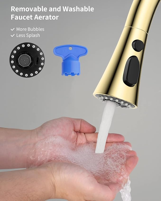 Hibbent 3-Function Pull Down Kitchen Faucet Head Replacement with 12 Adapters, NSF/ANSI/CAN 61 & CUPC Certified Sink Spray Nozzle, Compatible with Moen, Delta, Kohler Faucets, Polished Brass