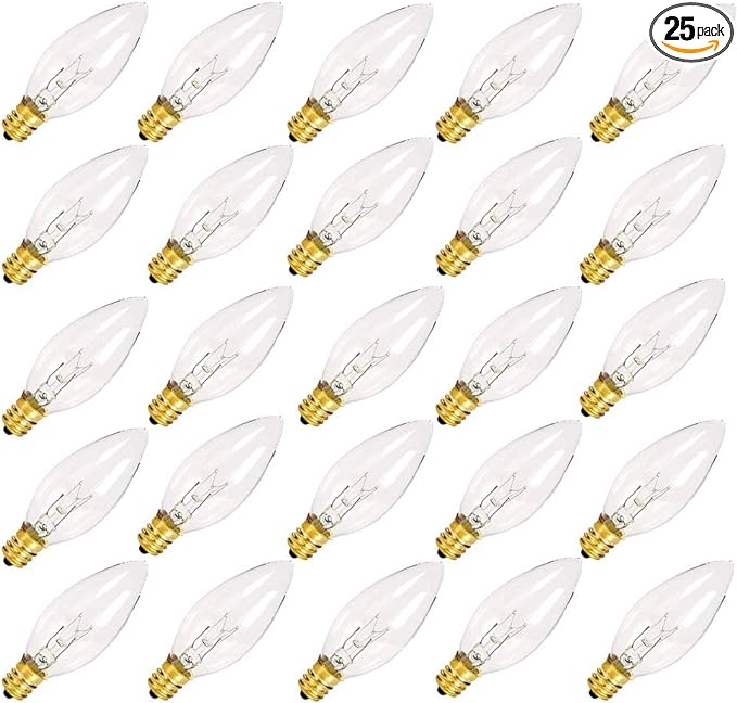 SUNSGNE 25 Pack Candle Light Bulbs, C26 Crystal Clear Torpedo Candelabra Light Bulb for Chandeliers, Window Candle Bulbs, Nightlight Bulb- 7 Watt Light Bulbs- E12 Candelabra Base