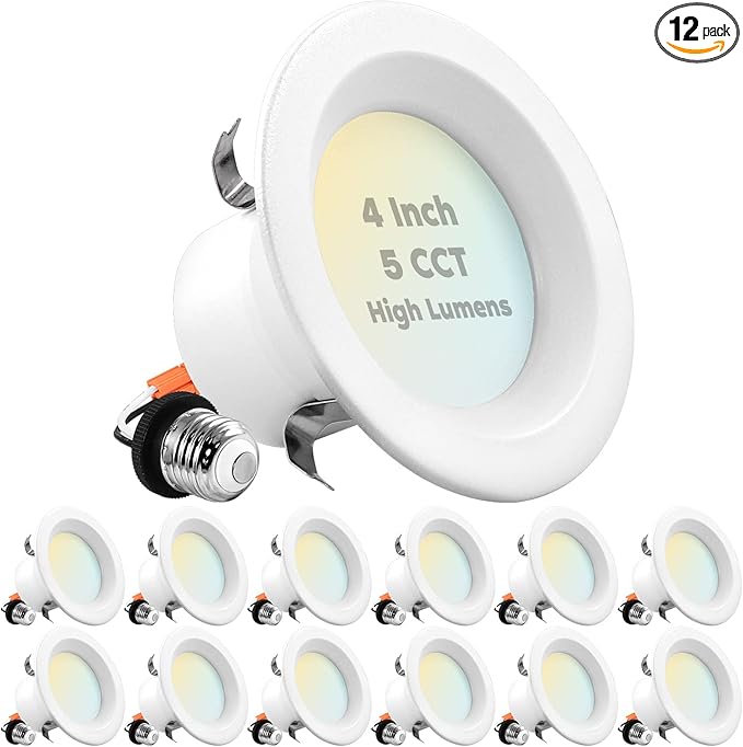 LUXRITE 12-Pack 4 Inch LED Recessed Can Lights, 14W=75W, 5 Color Options 2700K-5000K, 950 Lumens, Dimmable LED Retrofit Kit, Wet Rated, IC Rated, Recessed Ceiling Lights, Energy Star, ETL Listed