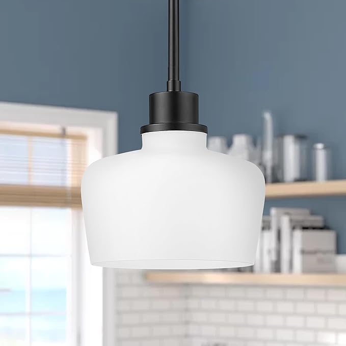 Emak Modern 8 Inch Black Pendant Light, Farmhouse Pendant Lighting with Milk Glass Shade, 1 Light Hanging Light Fixture for Kitchen Island, Dining Room, Bathroom, Bedroom, PL122-BK-ML