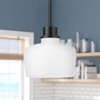 Emak Modern 8 Inch Black Pendant Light, Farmhouse Pendant Lighting with Milk Glass Shade, 1 Light Hanging Light Fixture for Kitchen Island, Dining Room, Bathroom, Bedroom, PL122-BK-ML