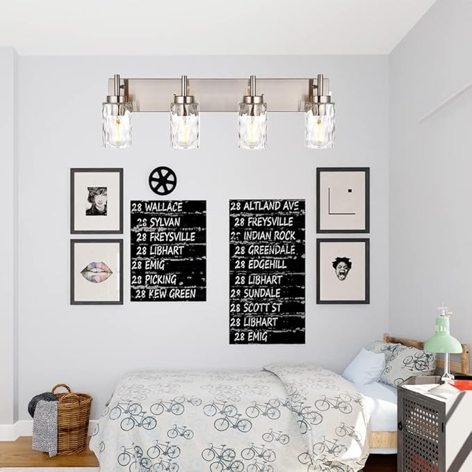 BONLICHT Bathroom Vanity Light Fixtures Brushed Nickel 4-Light with Clear Water Glass Shade Contemporary Wall Sconces Farmhouse Bathroom Lighting Wall Mount Lamp for Living Room Bedroom Bar Office