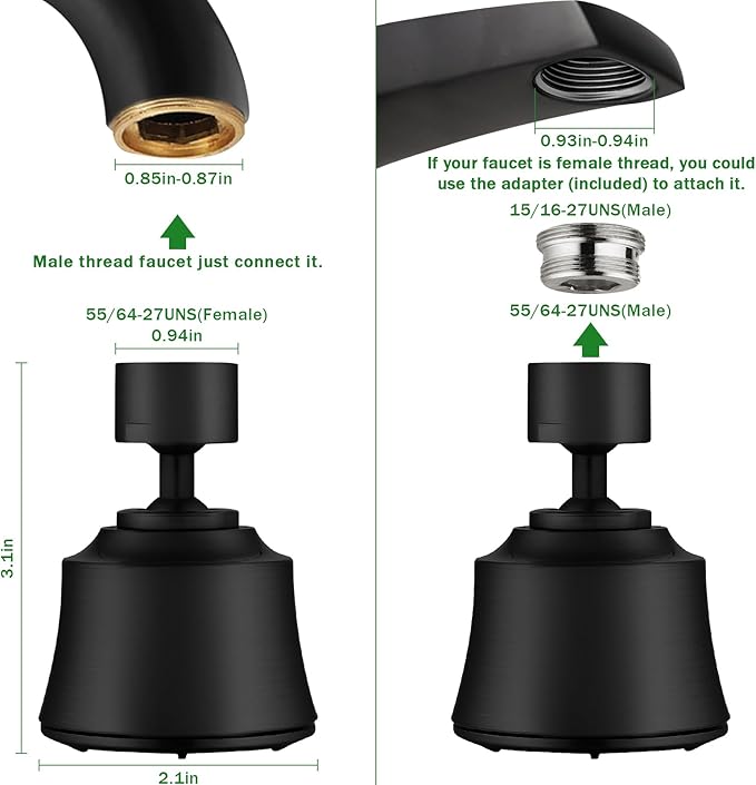 Faucet Sprayer Attachment with 2 Ball Joint, Big Angle Swivel Kitchen Sink Faucet Head Replacement, 4 Spray Models, 55/64-27UNS Famale Thread, Male Thread Adapter Included, Black