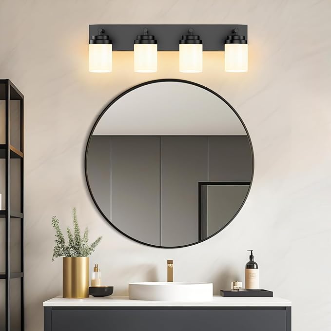 4-Light Bathroom Light Fixtures, Modern LED Vanity Light with White Glass Shade, Matte Black Bathroom Light Fixtures Over Mirror, for Mirror Living Room Cabinet Bedroom, 27 inch