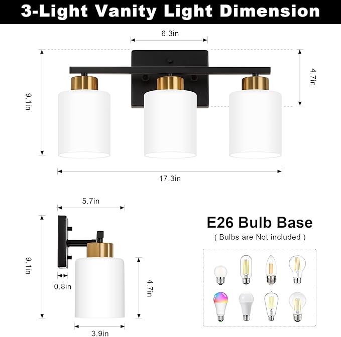 Black and Gold Bathroom Light Fixtures, 3-Light Modern Vanity Light Over Mirror, Wall Sconces with Milky White Frosted Glass Shades, E26 Socket (Bulbs Not Included)