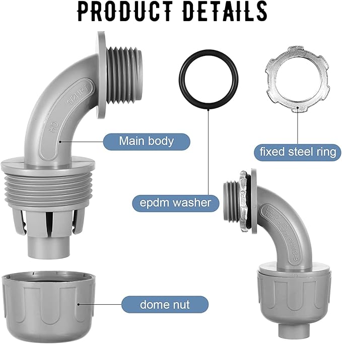 Yaomiao 50 Pcs 1/2 Inch Liquid Tight Connector PVC Electrical Conduit Fittings Straight 90 Degree Flexible Conduit Connector for Home Bathroom Tube Tool Supplies, Grey(50 Pcs)