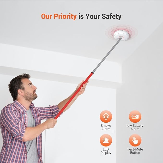 Jemay Smoke Detector, 10 Year Life Fire Alarms Smoke Detectors with Advanced Photoelectric Technology, Battery Operated Smoke Fire Alarm with LED Indicator & Silence Button, 2 Packs