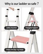 Taranta 4 Step Ladder, Lightweight Aluminum Step Stool with Convenient Handgrip, Folding Ladder with Anti-Slip Pedals, 330lbs Capacity Stepladder for Home, Office, Kitchen - White