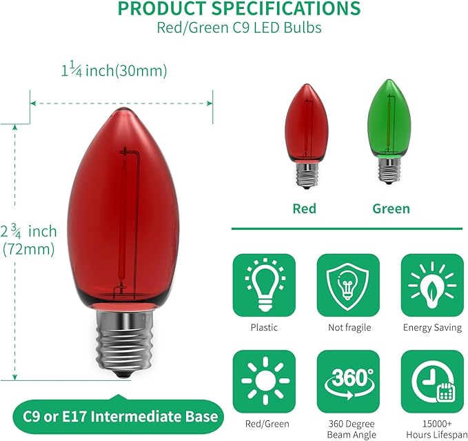 Meconard C9 Led Replacement Christmas Light Bulbs, C9 Shatterproof Led Bulbs for Christmas Indoor Outdoor String Lights, Mini Bulb Intermediate E17 Base Decor Red Light Bulbs Green Light Bulb, 25 Pack