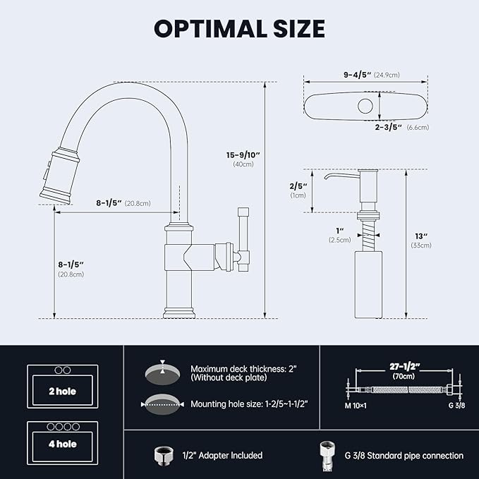 DAYONE Brushed Gold/Brass Pull Down Kitchen Faucet with 3-Mode Sprayer and Soap Dispenser, Single Handle High Arc Faucets for Kitchen Sink with Deck Plate, DAY-APS136-BTG