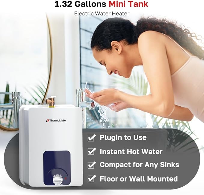 ThermoMate Mini Tank Water Heater Electric UL Listed, ES150B 1.3 Gallon Point of Use Under Sink Water Heater, 120V Corded Wall or Floor Mounted