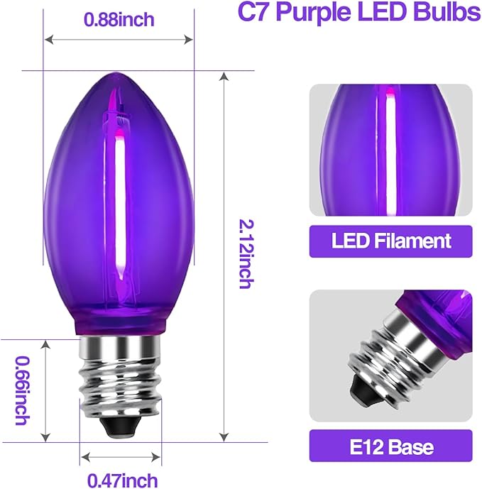 C7 Halloween Light Replacement Bulbs, Led Clear Purple Light Bulbs, 0.6 W C7 Bulb E12 Candelabra Base for Christmas Thanksgiving Xmas Tree Holiday Patio Outdoor String Lights Decor -12 Pack