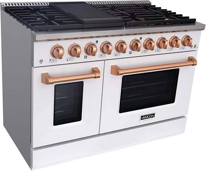 Akicon 48 Inch Freestanding Gas Range - 6.7 cu. ft. Double Rapid Convection Oven - Gas Stove with 8 Sealed Burners & a Griddle, Heavy Duty Cast Iron Grates (White & Copper)