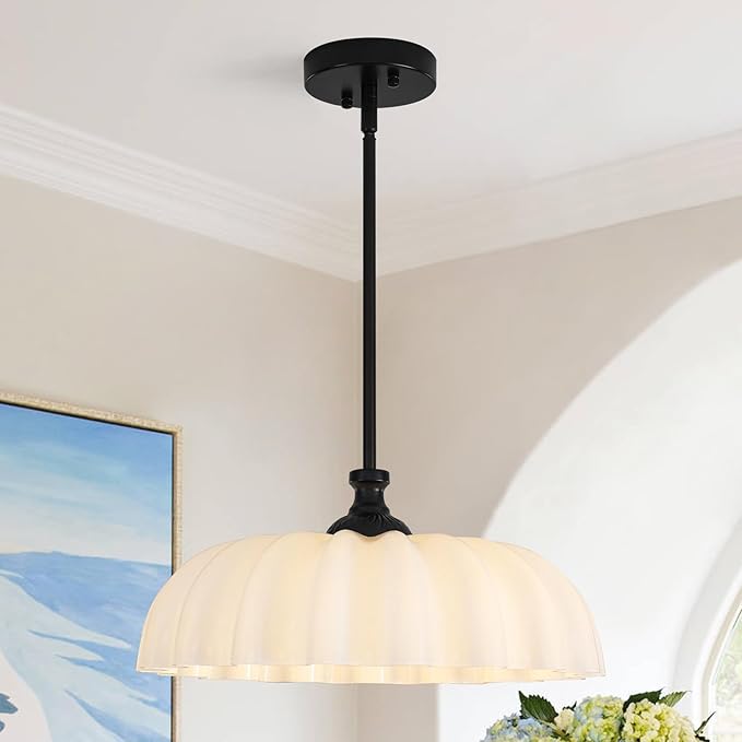 15.7" Vintage Modern Black Chandelier with Floral Milk White Glass Shades, Adjustable Height Pendant Light for Kitchen Island, Dining Room, Bedroom