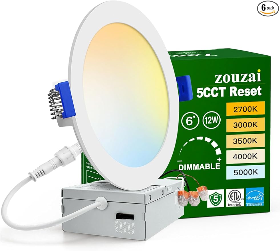 zouzai 1 Pack 6 Inch 5CCT Ultra-Thin LED Recessed Ceiling Light with Junction Box, 2700K/3000K/3500K/4000K/5000K Selectable, 12W Eqv 110W,Dimmable, led can Lights- ETL and Energy Star Certified