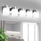 5-Light Bathroom Light Fixtures, Chrome Vanity Lights for Bathroom Mirror Lamp with Milky White Square Glass Shade, E26 Base Modern Wall Sconce Kitchen Light Fixtures Led Vanity