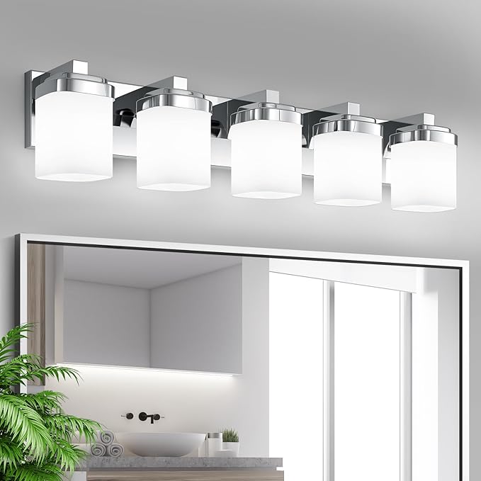 5-Light Bathroom Light Fixtures, Chrome Vanity Lights for Bathroom Mirror Lamp with Milky White Square Glass Shade, E26 Base Modern Wall Sconce Kitchen Light Fixtures Led Vanity