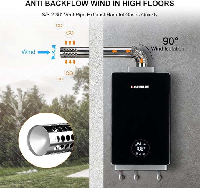 CAMPLUX Instant Hot Water Heater, 3.18 GPM Natural Gas, Whole House Gas Water Heater, Indoor, Black