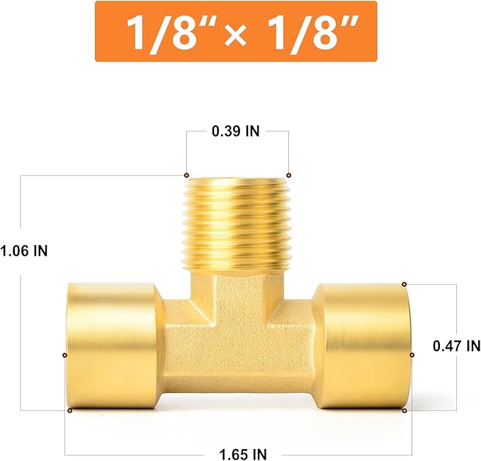 GASHER 2PCS Metals Brass Pipe Fitting Barstock Male Branch Tee T Adapter 1/8" NPT Female x 1/8" NPT Female x 1/8" NPT Male
