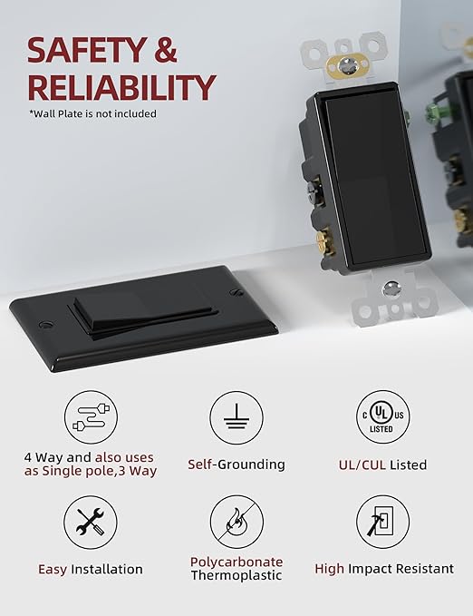 AIDA 20 Pack 4 Way Switch Decorative Light Switch, 15Amp, 120/277 Volt, 4 Way Decorative Light Rocker Switch Replacement, Self-Grounding, Residential and Commercial Grade, UL Listed