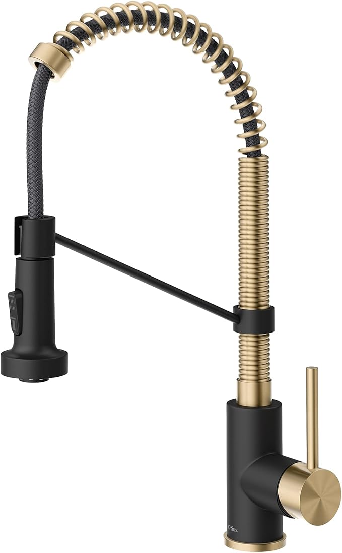 KRAUS Bolden Commercial Style 2-Function Single Handle Pull Down Kitchen Faucet in Spot-Free Antique Champagne Bronze/Matte Black, KPF-1610SFACBMB